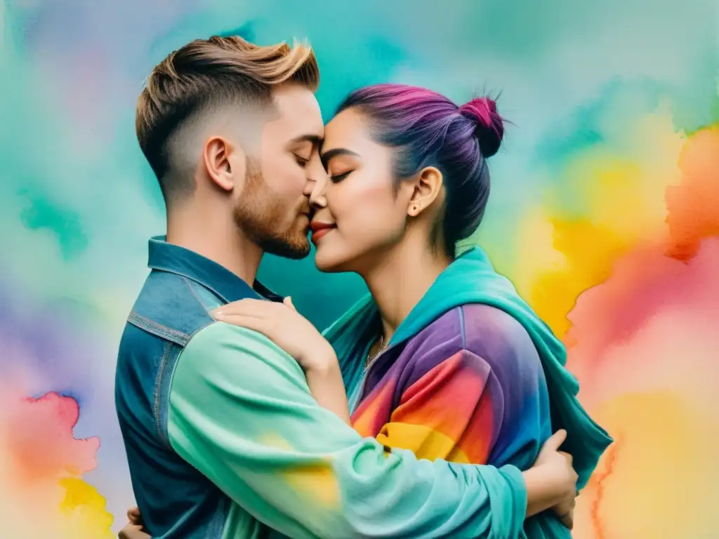 Abrazo emocional entre dos personas en acuarela vibrante, reflejando la empatía en la poesía LGBTQ+ con colores suaves y expresivos