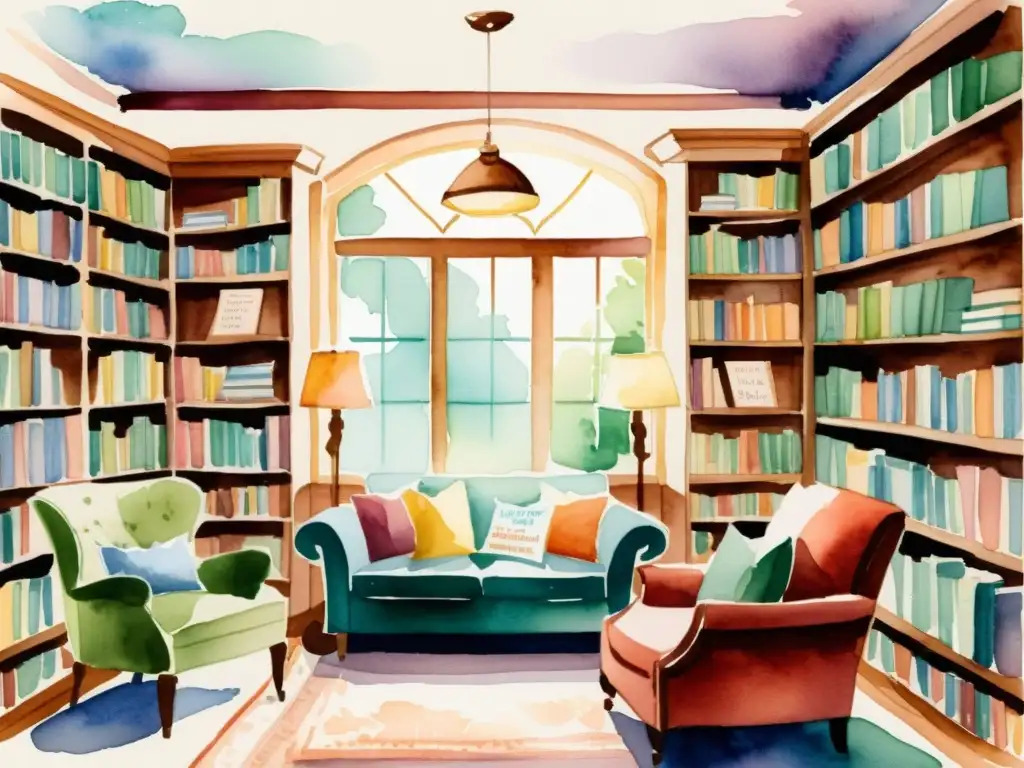 Un acogedor ambiente de librería con libros de poesía coloridos, sillones cómodos y una atmósfera cálida