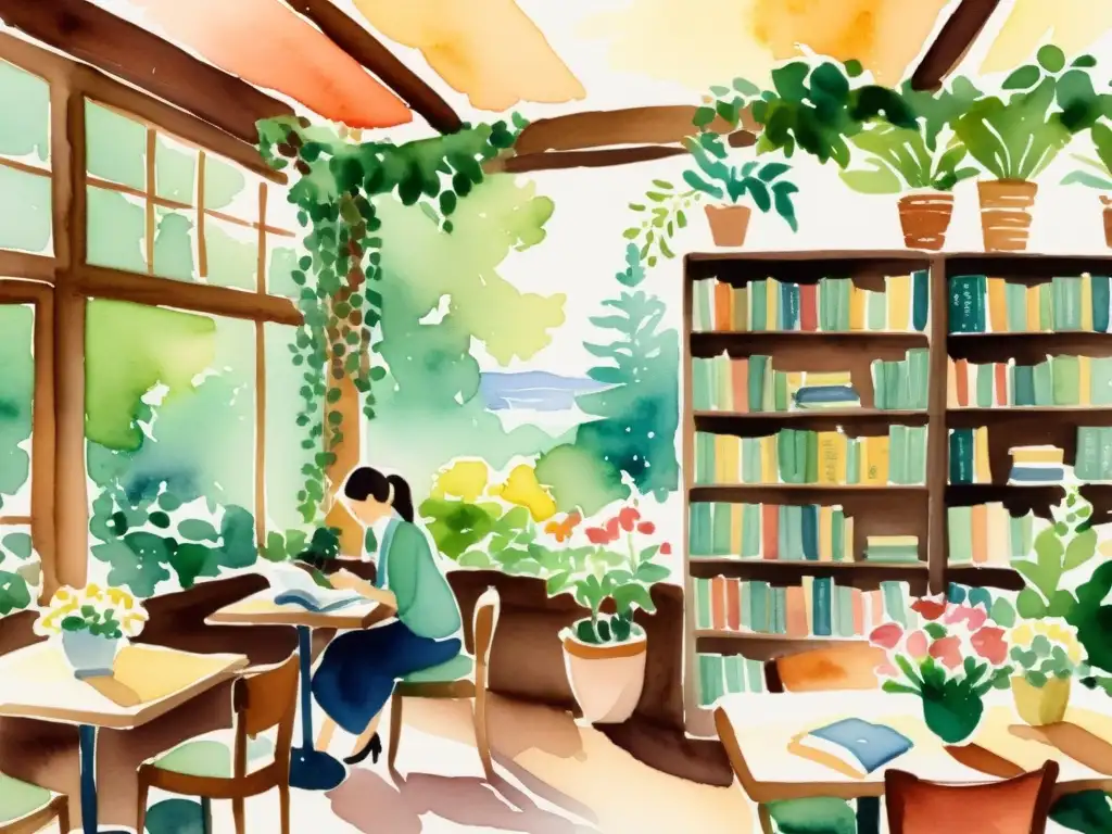 Un acogedor café bañado por el sol, lleno de libros de poesía, inspiración y tranquilidad