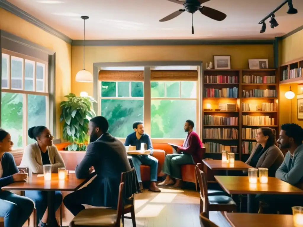 Un acogedor café con estantes de libros, luz suave, personas disfrutando de la poesía en un evento homenaje a poetas