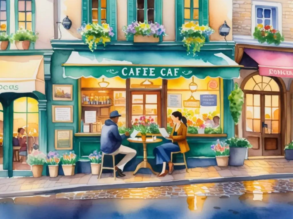 Acogedor café con lectura de poesía en acuarela Un acogedor café iluminado por una cálida luz dorada, donde se lleva a cabo un animado evento poético