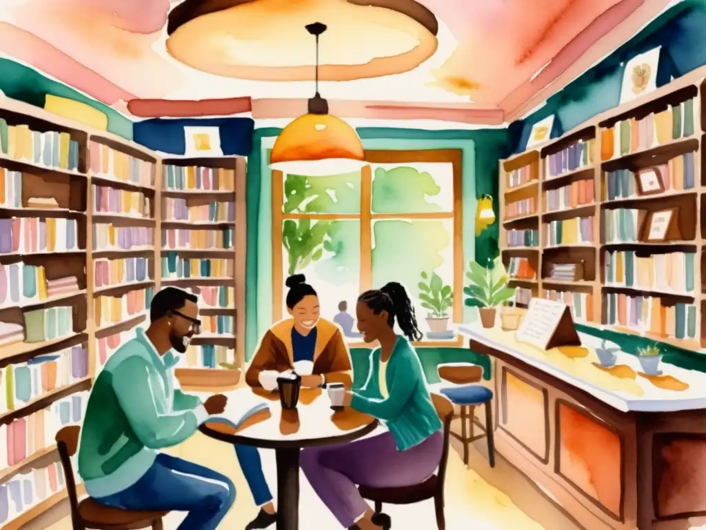 Acogedor café literario: vibrante reunión en un ambiente poético Un acogedor café iluminado con cálidos colores invita a la conexión en un foro de poesía para conectar, donde la diversidad y la alegría se entrelazan