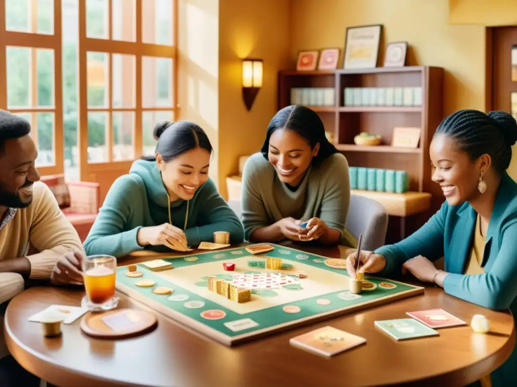 Un acogedor café iluminado por el sol, con gente jugando juegos de mesa poéticos, evocando creatividad y comunidad