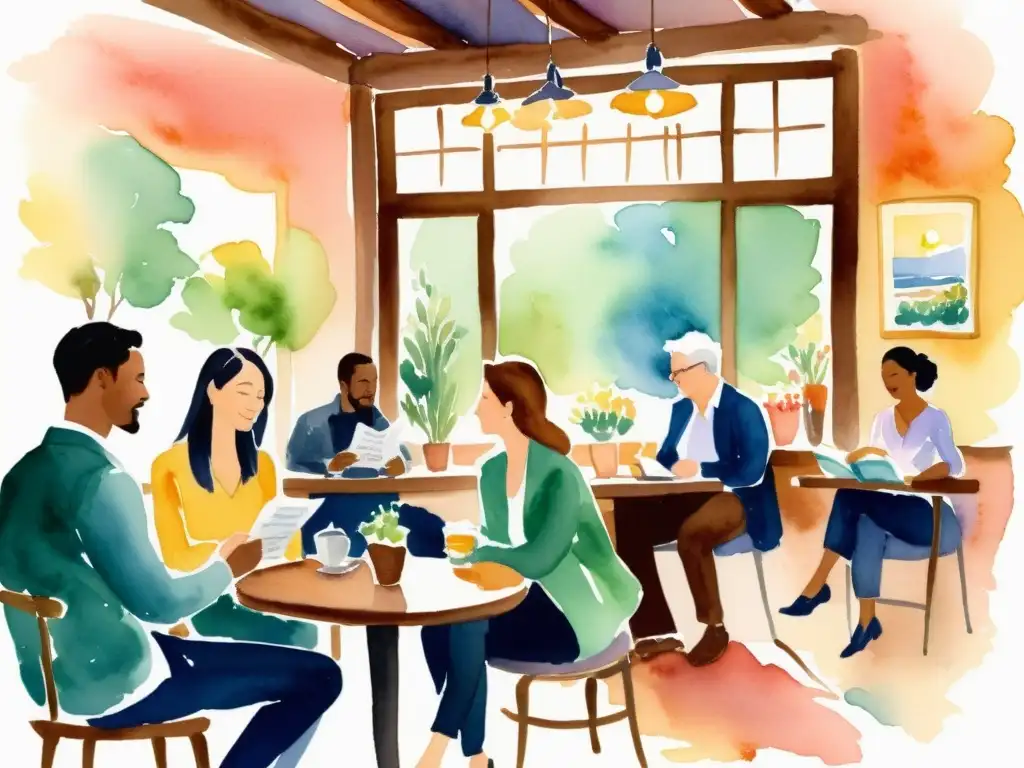 Vibrante lectura de poesía en café acogedor Un acogedor café con luz cálida y un animado evento de lectura de poesía