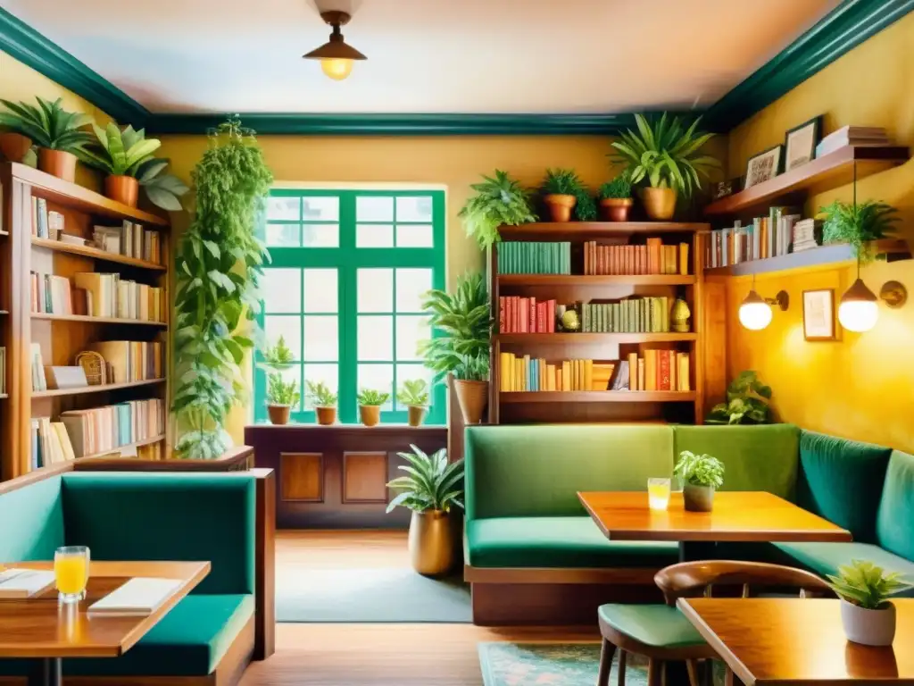 Acogedor café con luz cálida, muebles de madera vintage, estanterías repletas de libros