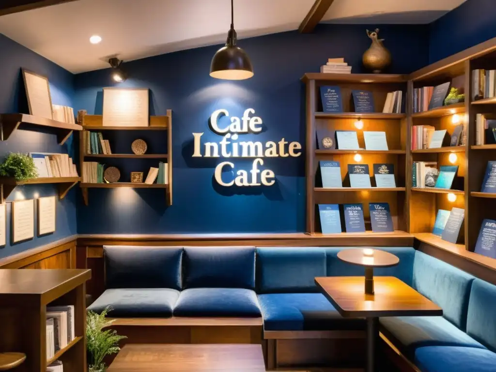 Acogedor café con luz tenue, decorado con libros de poesía desgastados, obras de arte suaves y escenario para Noches de poesía para enamorados