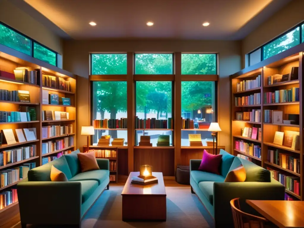 Un acogedor y cálido evento de lanzamiento de libros de poesía en una librería, con una lluvia suave de fondo