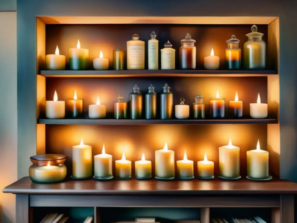 Un acogedor cuarto iluminado por velas aromáticas en elegantes frascos de vidrio, creando una atmósfera de poesía sensorial y tranquilidad