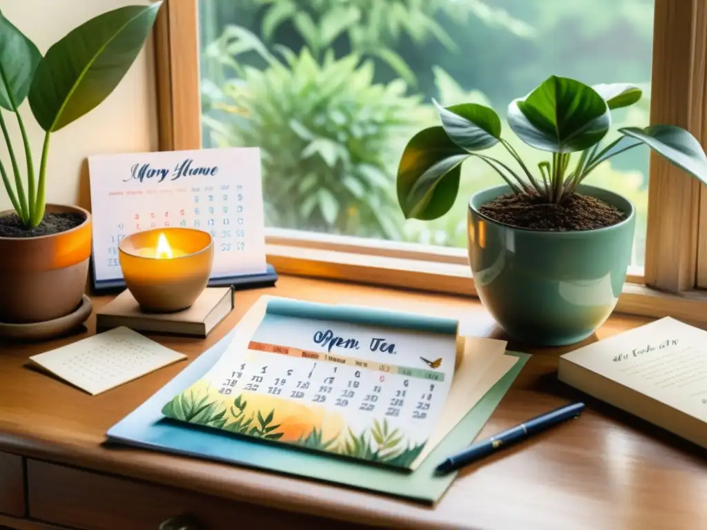 Un acogedor despacho en casa con un calendario poético, plantas y libros, bañado por cálida luz solar