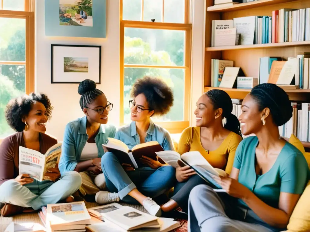 Un acogedor encuentro de poetisas en una sala iluminada por el sol, rodeadas de revistas de poesía escrita por mujeres