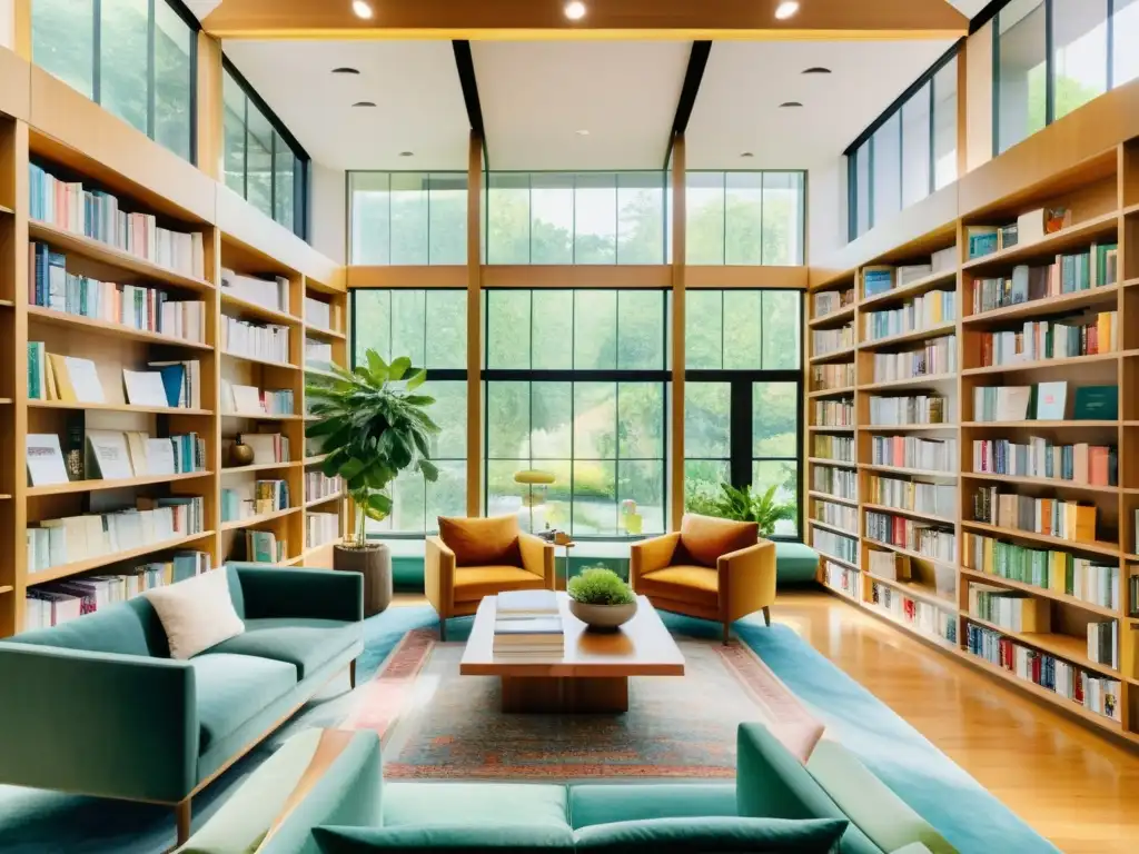 Un acogedor rincón de lectura en una biblioteca moderna con grandes ventanales y estanterías llenas de libros de poesía coloridos