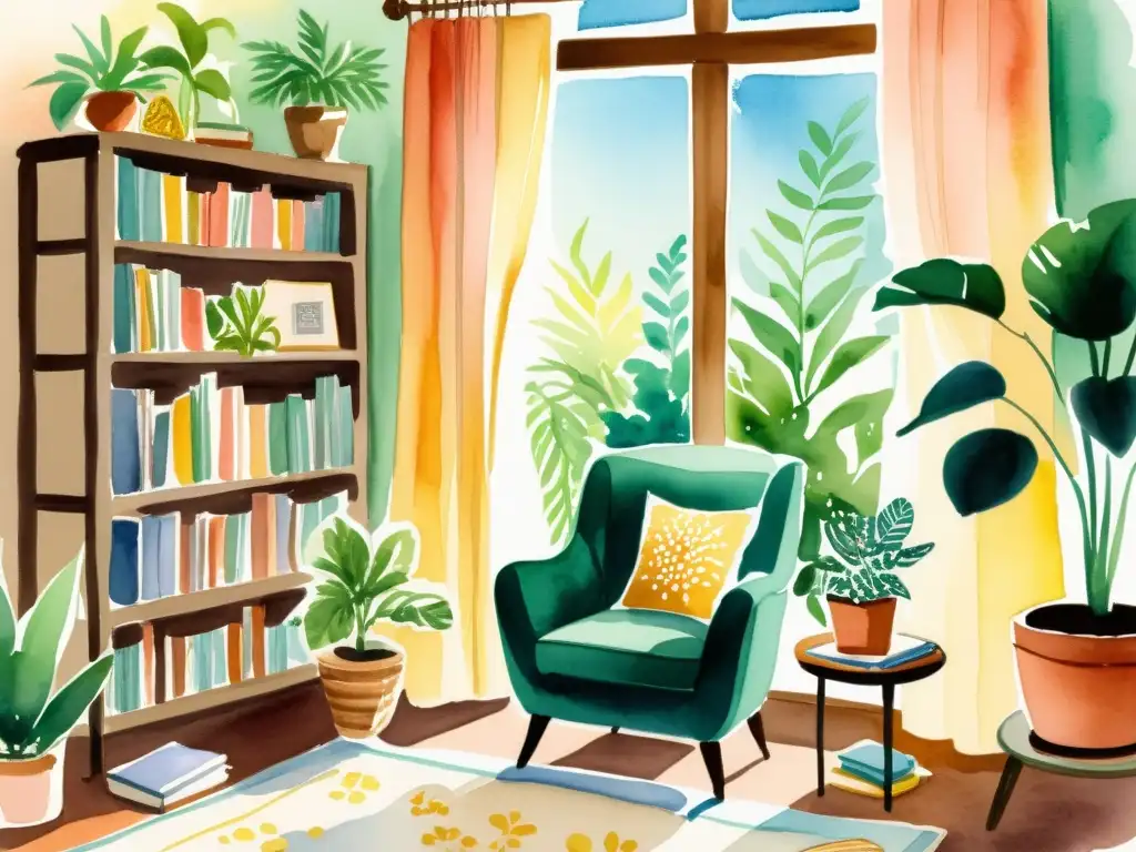 Acogedor rincón de lectura con marcapáginas ilustrados arte poesía, silla, libros, plantas y decoración delicada iluminados por la luz solar