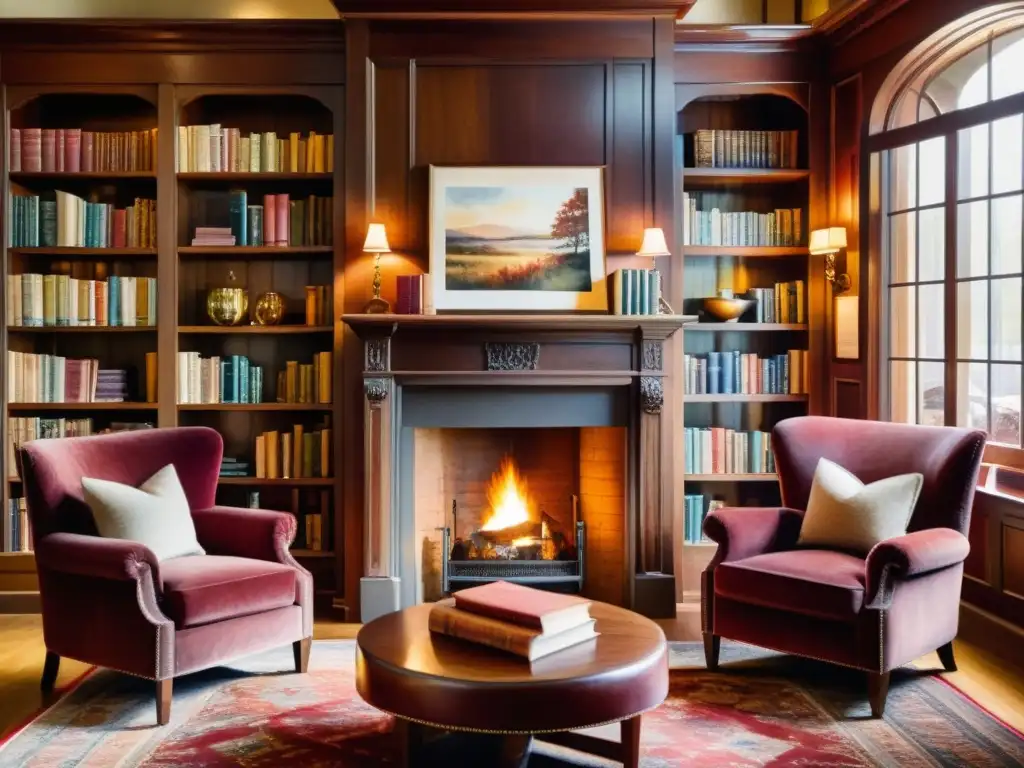 Rincón poético con vino tinto: pintura acuarela Una acogedora biblioteca iluminada con estanterías repletas de libros de poesía vintage
