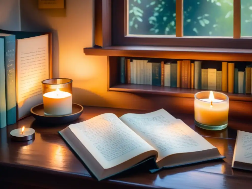 Acogedora escena de estudio con velas aromáticas, libros de poesía y una atmósfera de poesía sensorial