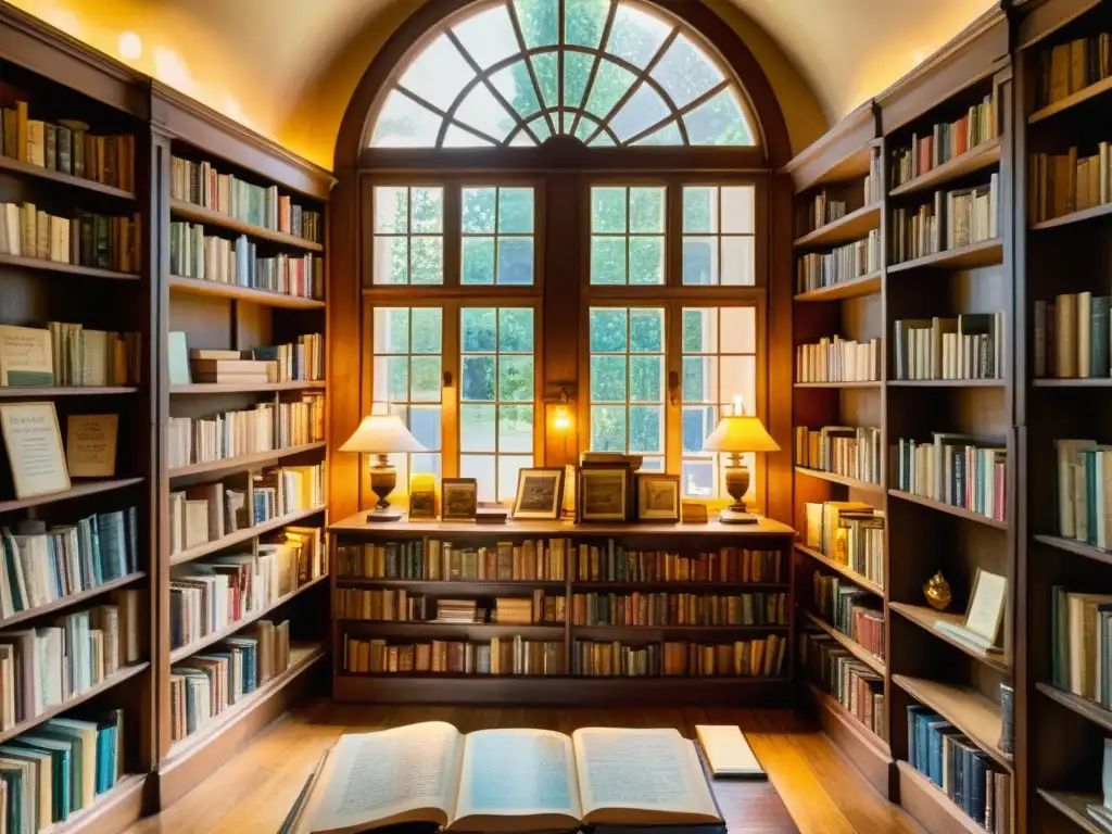 Acogedora librería antigua con libros raros de poesía, iluminada por luz cálida y rodeada de nostalgia literaria