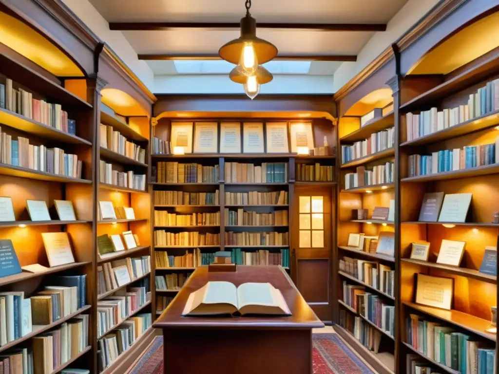Acogedora librería antigua con libros raros de poesía, iluminada por lámparas doradas, creando un ambiente cálido y acogedor