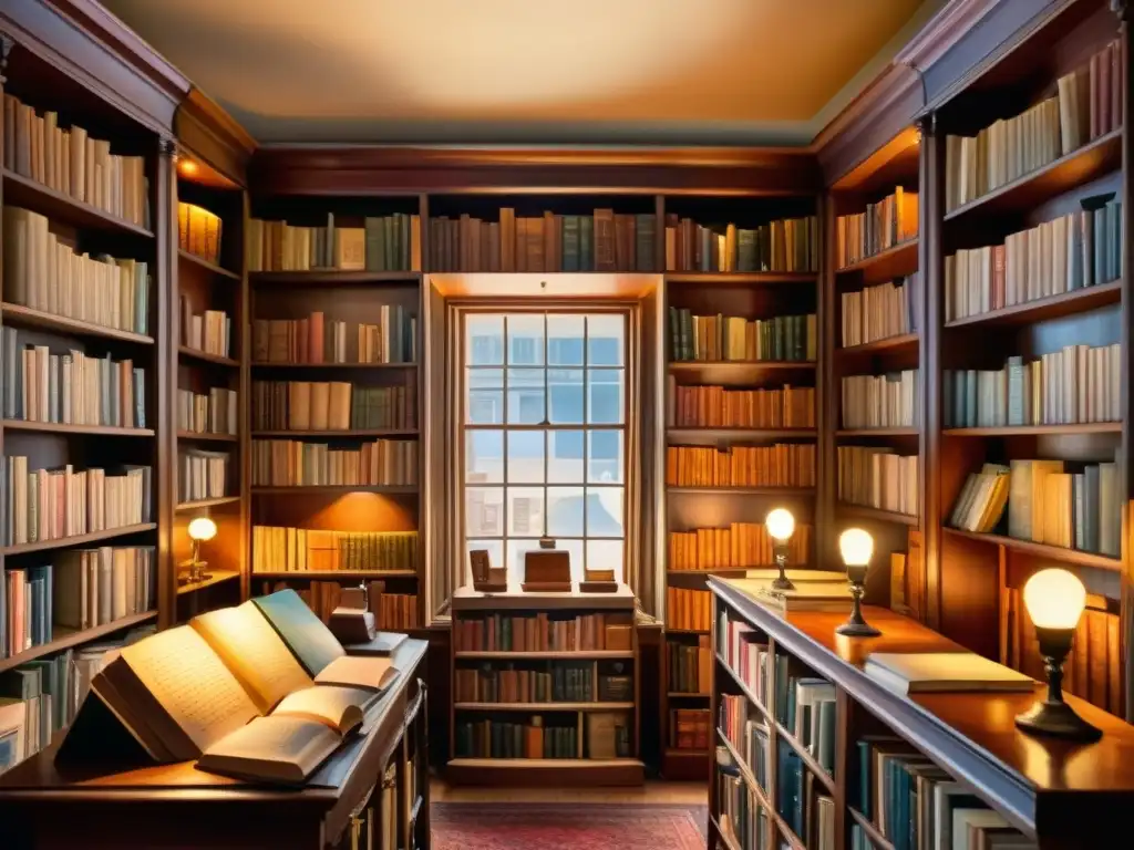 Acogedora librería de poesía antigua iluminada Acogedora librería antigua llena de libros raros de poesía como colección, iluminada por lámparas antiguas, evocando nostalgia literaria