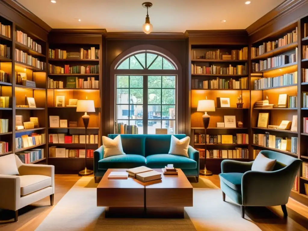 Acogedora librería con libros raros de poesía, lámparas cálidas y lluvia suave