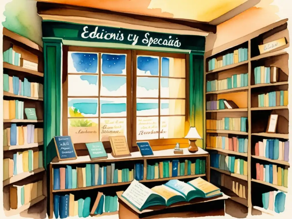 Acogedora librería de poesía con libros raros y ediciones limitadas, bañada por la cálida luz del sol