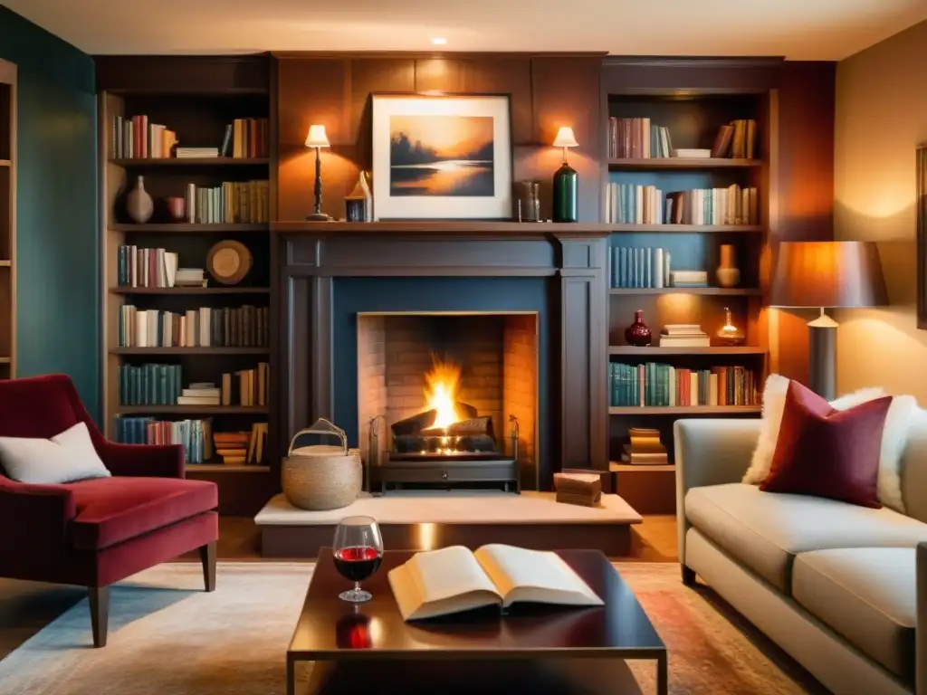 Acogedora escena de vino y poesía junto al fuego Acogedora sala de estar con libros, vino tinto y poesía, creando un maridaje perfecto para una noche relajada