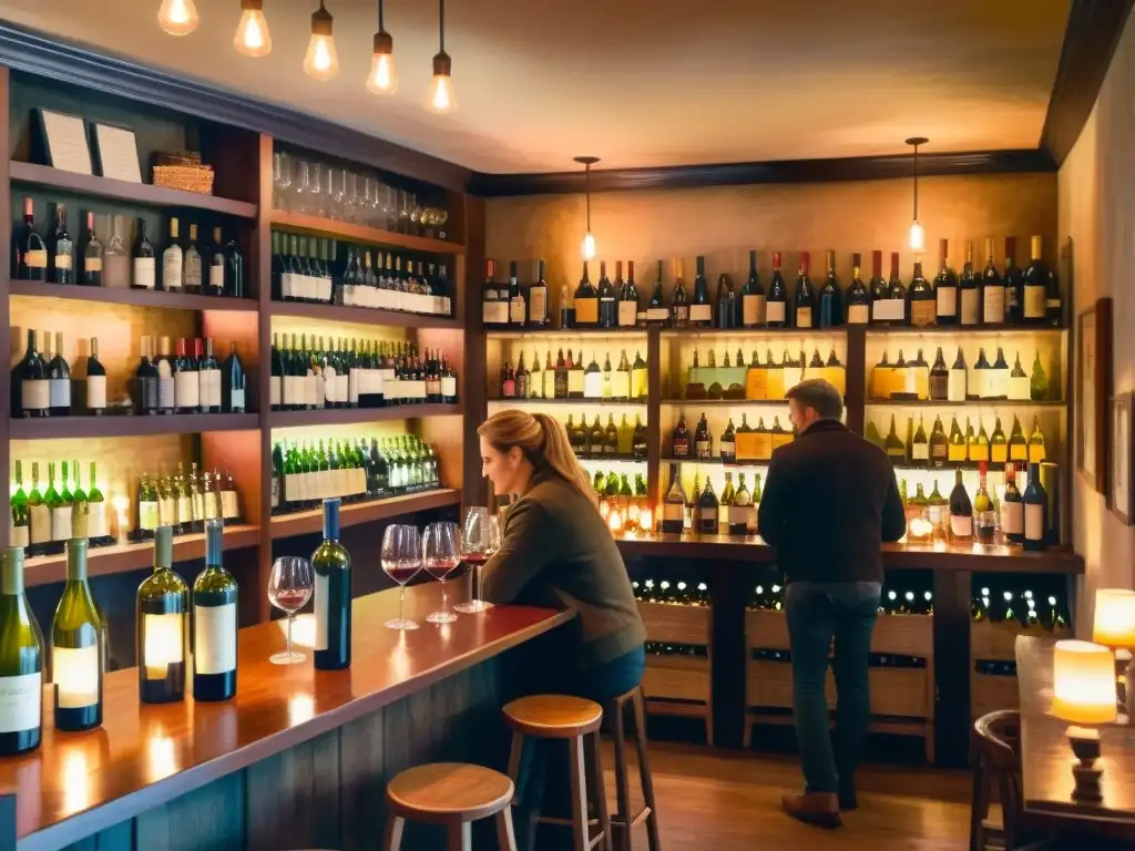 Velada de vino y poesía en acuarela Una acogedora taberna iluminada con velas, estantes repletos de botellas de vino y un grupo disfrutando de una lectura de poesía