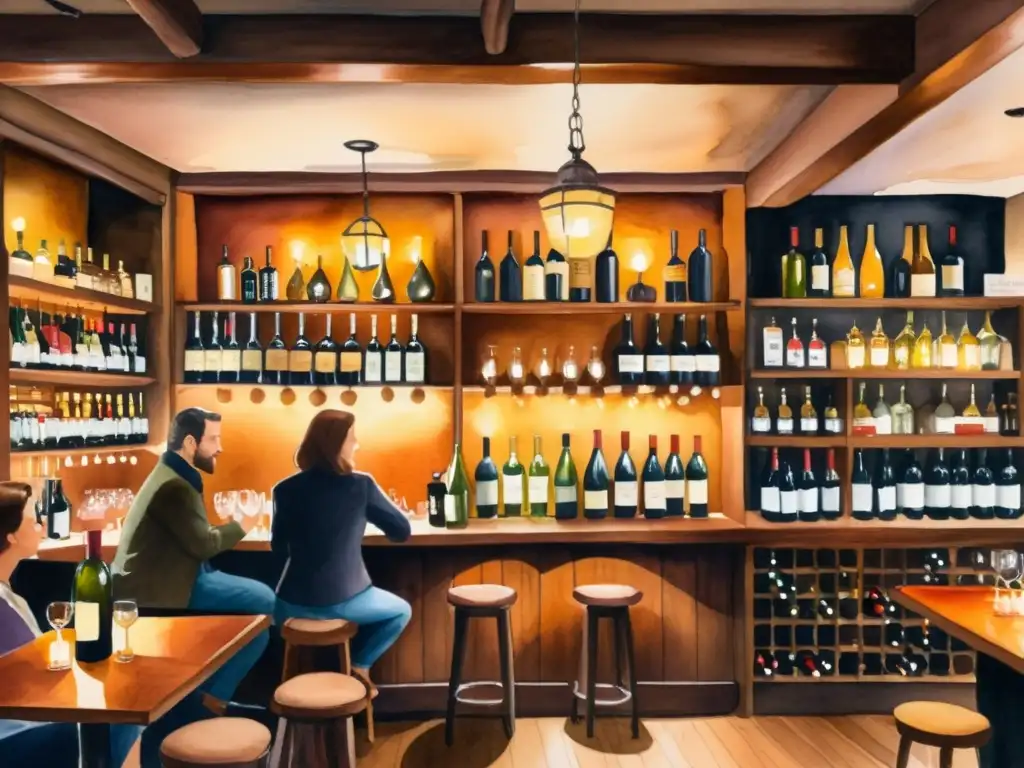 Acogedor bar de vinos: pintura acuarela Una acogedora vinoteca iluminada, con gente disfrutando de vino en una atmósfera romántica