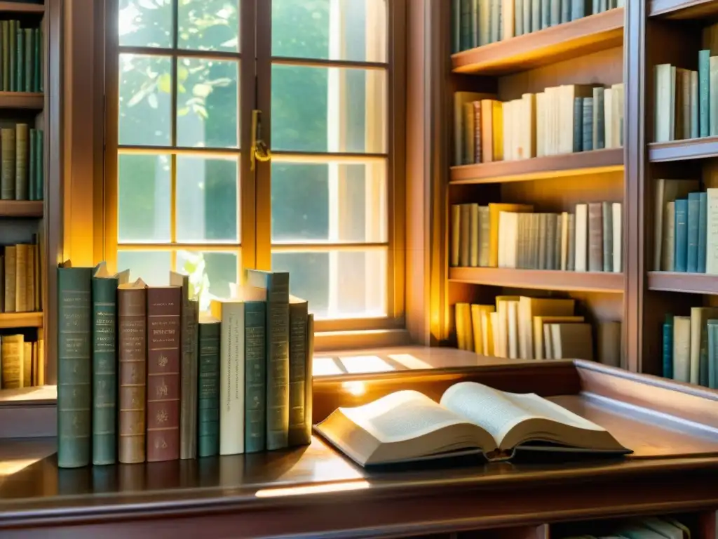 Biblioteca de poesía antigua: ilustración en acuarela Una ilustración en acuarela de una antigua biblioteca iluminada con libros raros de poesía como colección, bañada por la luz del sol