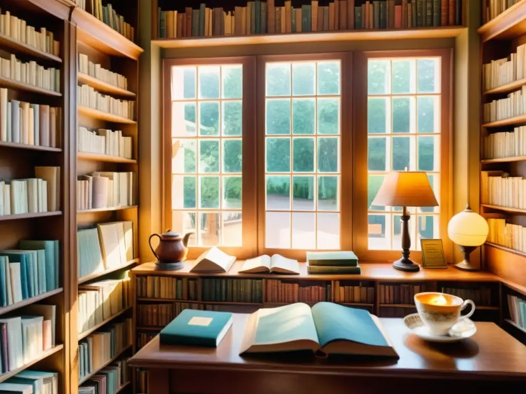 Una acuarela de una antigua librería llena de libros de poesía, con luz cálida que ilumina el espacio acogedor