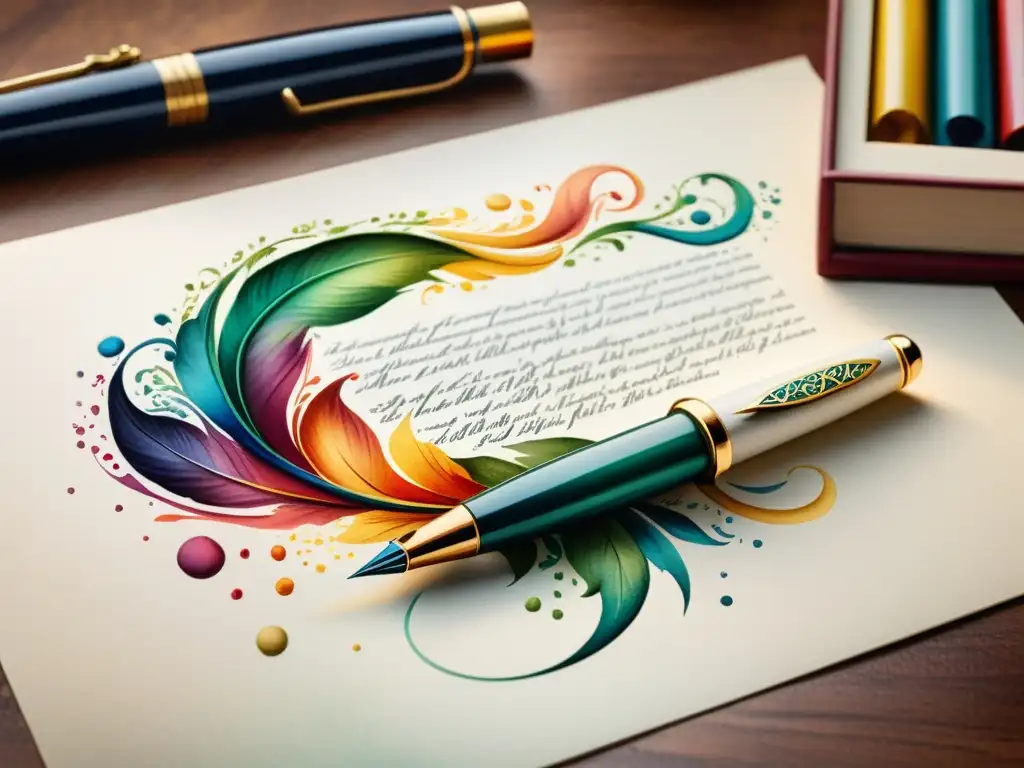 Una ilustración en acuarela de una antigua pluma escribiendo versos poéticos, con colores vibrantes y pinceladas fluidas, evocando elegancia clásica y moderna expresión artística