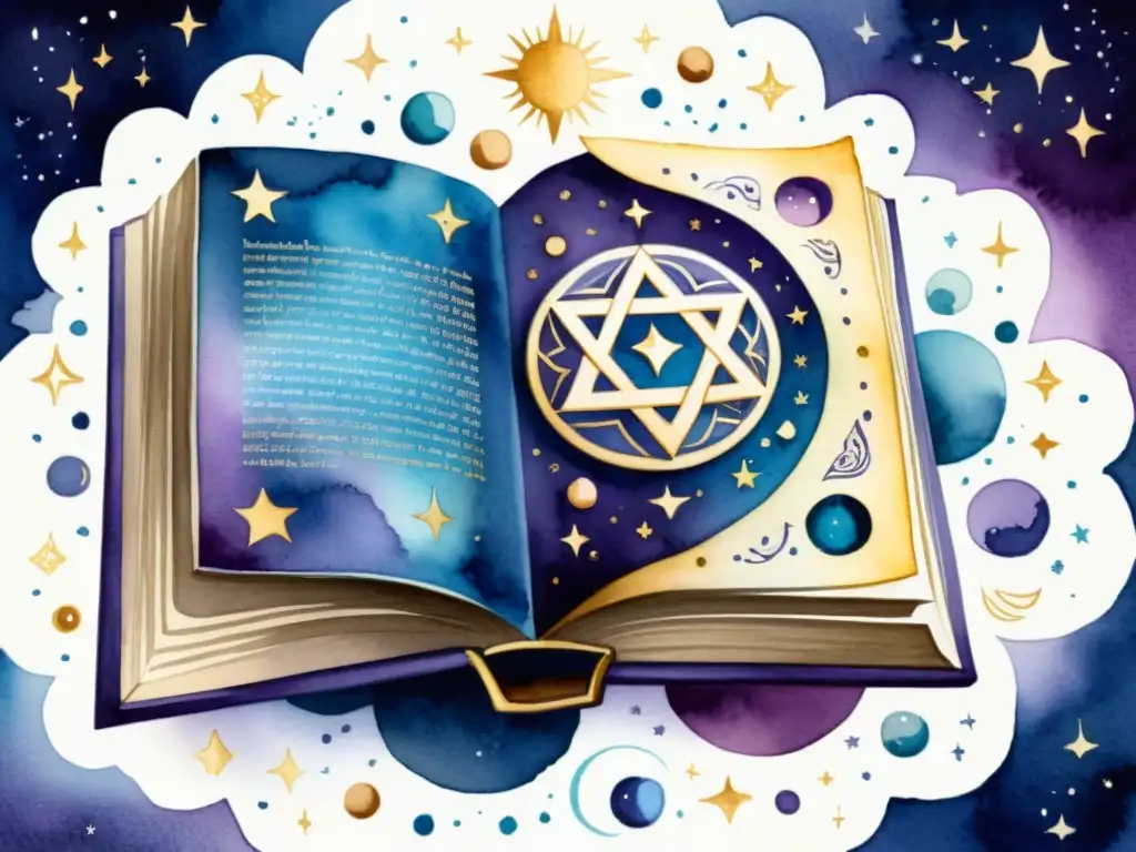 Una ilustración en acuarela de un antiguo libro con símbolos kabalísticos, poesía celestial y senderos místicos