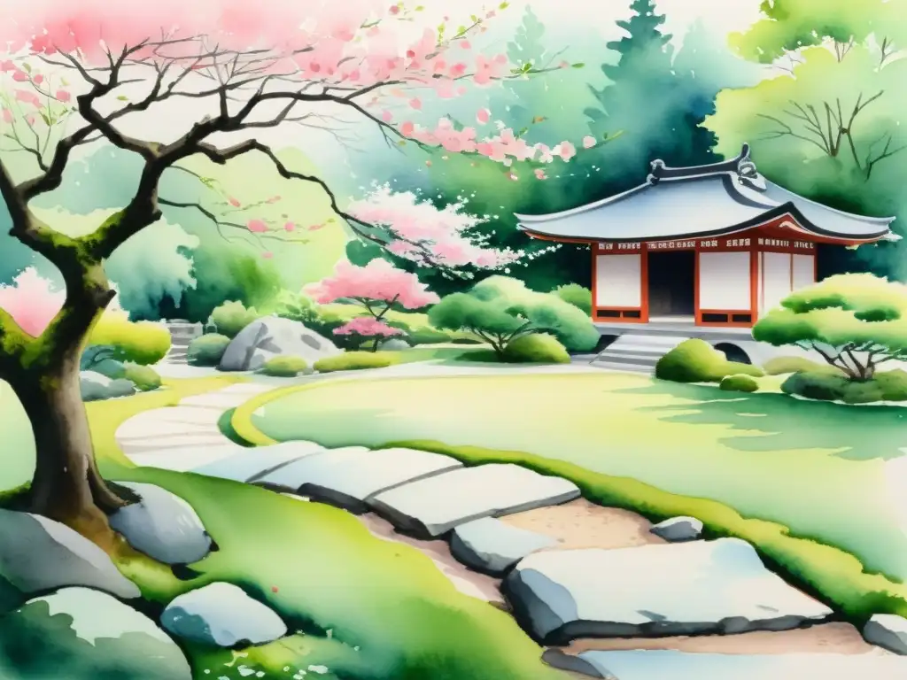 Pintura acuarela: Jardín japonés con cerezo en flor Acuarela de un apacible jardín japonés con un delicado cerezo en flor y una senda de piedra, evocando la influencia del haiku reinventado