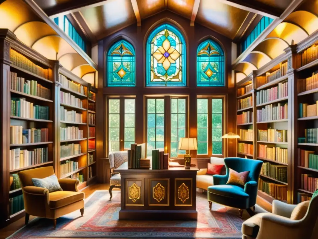 Biblioteca de Poesía: Acogedora y lujosa, un refugio literario Una acuarela de una biblioteca lujosa y tenue, llena de libros raros de poesía como colección, iluminada por el sol a través de vitrales