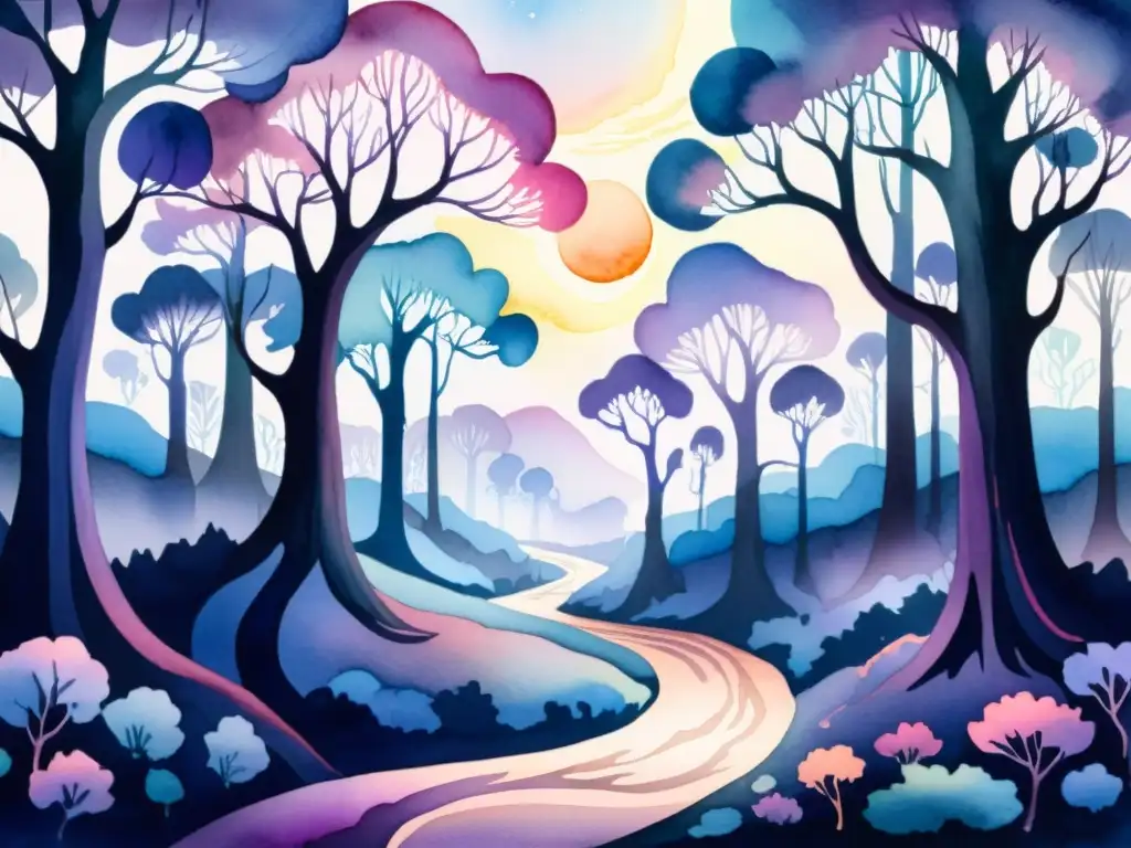 Una ilustración en acuarela de un bosque místico al anochecer, con colores vibrantes de púrpuras, azules y rosas creando una atmósfera encantadora