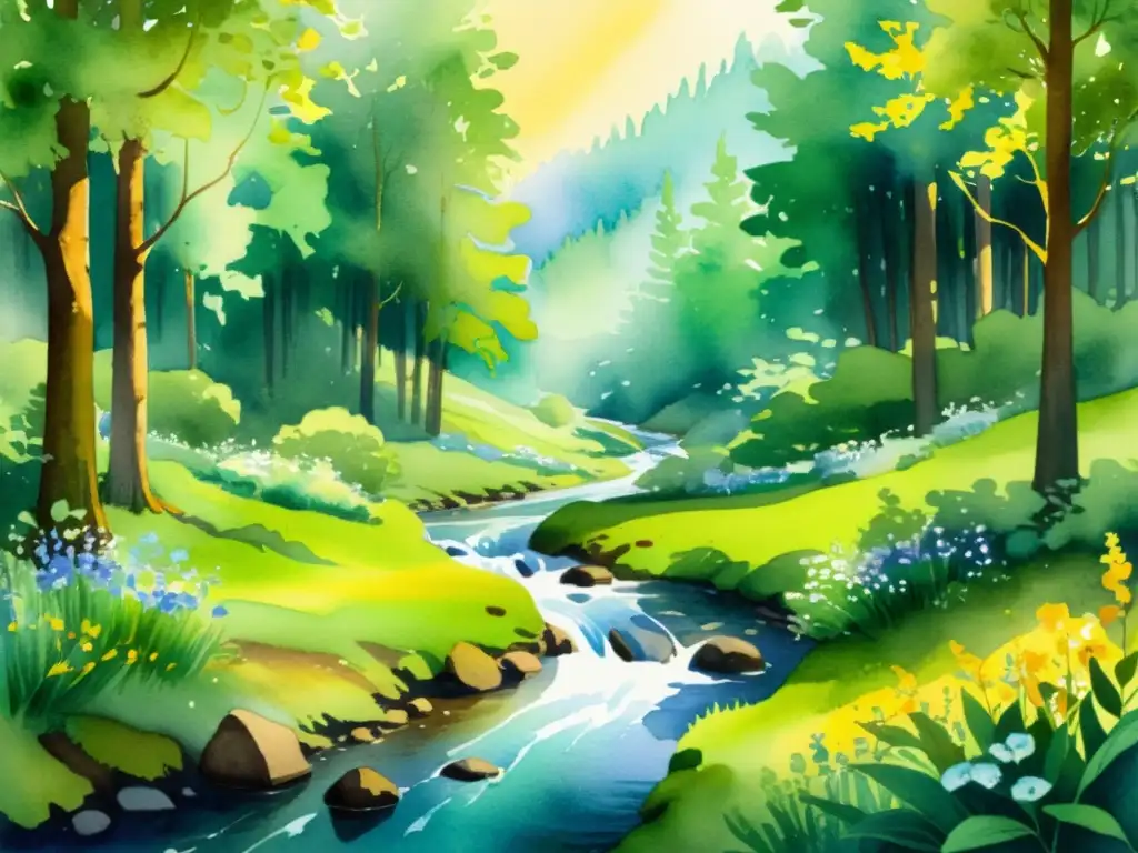 Una ilustración en acuarela de un bosque tranquilo con follaje verde vibrante, flores silvestres y un arroyo brillante