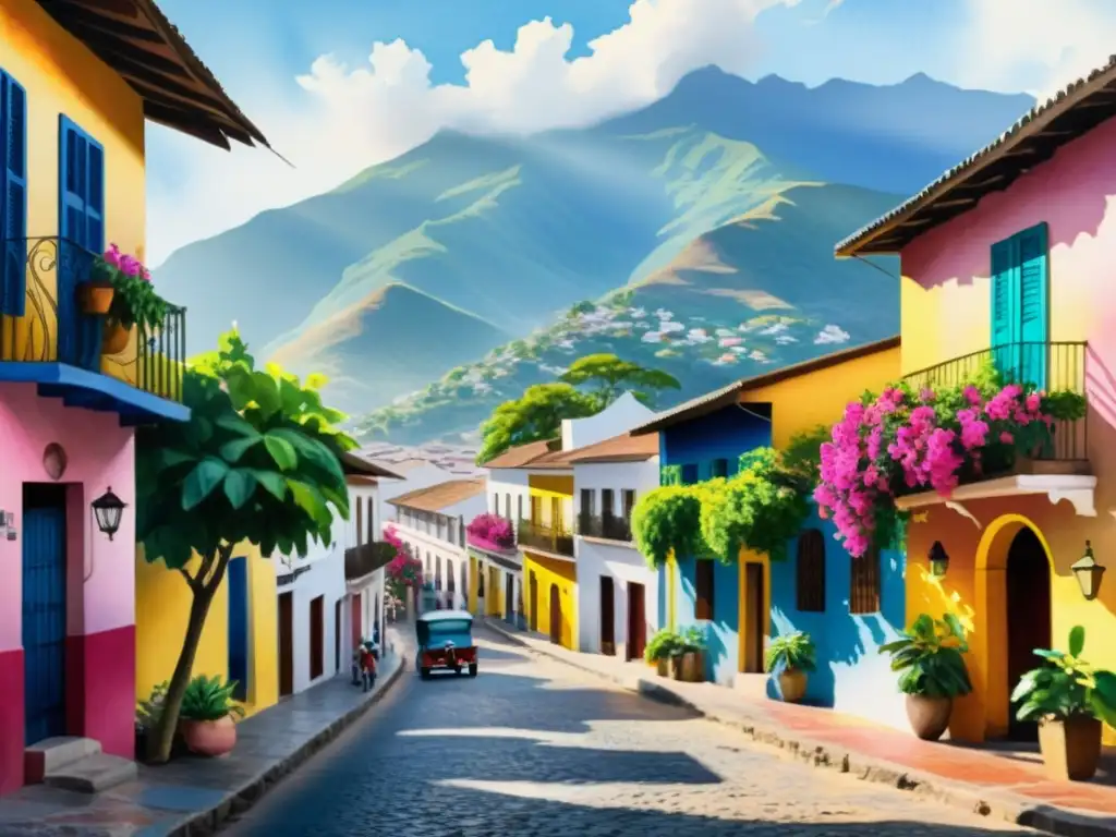 Una acuarela de una bulliciosa calle colonial en América Latina, con edificios coloridos, bougainvillea y montañas al fondo