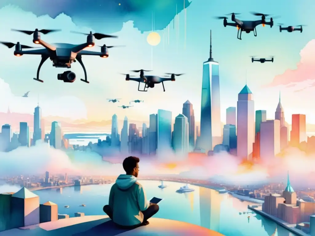 Ilustración de acuarela: una ciudad futurista con drones de IA y un poeta rodeado de versos poéticos holográficos