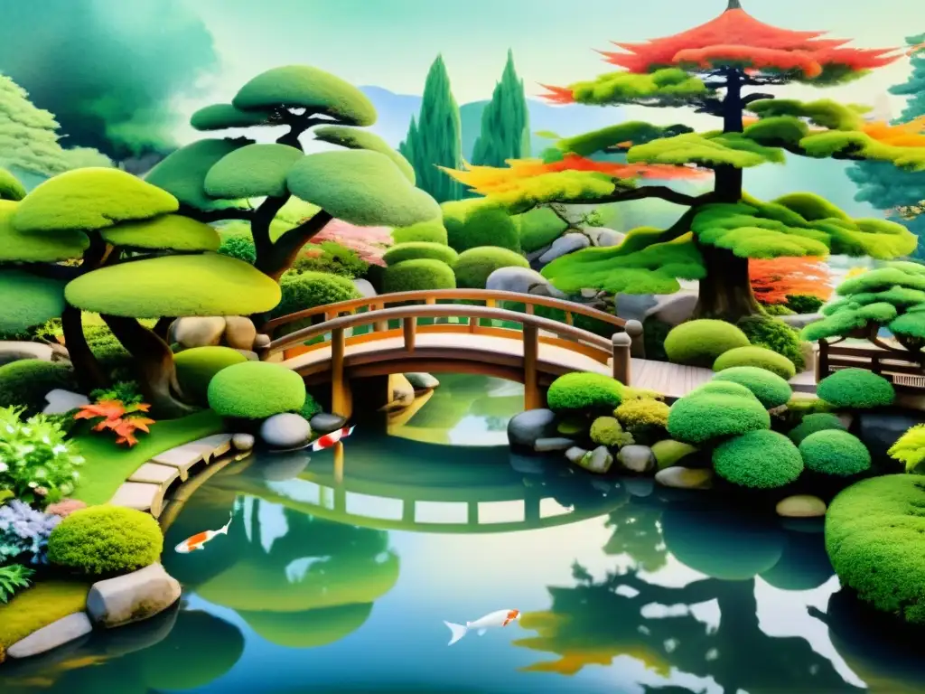 Acuarela 8k de Jardines Zen de Kyoto, con koi coloridos, bonsáis y un puente delicado sobre el agua tranquila