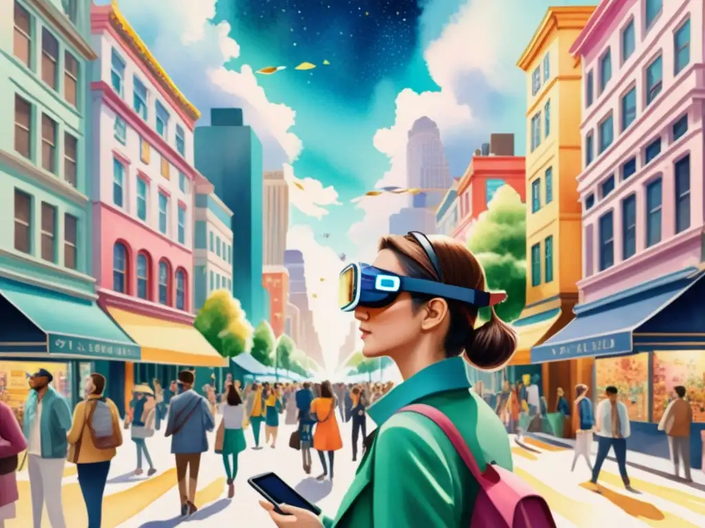 Una ilustración en acuarela de una concurrida calle de la ciudad, donde la gente usa gafas de realidad aumentada y disfruta de instalaciones de poesía digital proyectadas en el aire