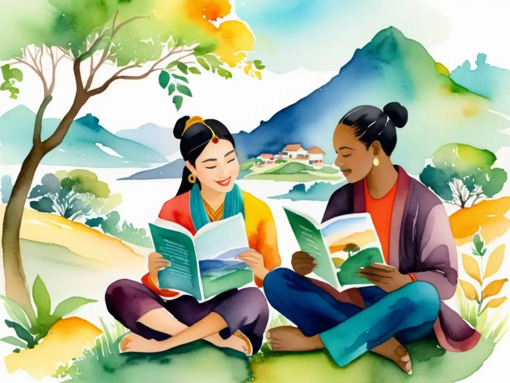 Poetas de la diversidad: Unión a través de la poesía Una acuarela que muestra la conexión entre culturas a través de la poesía, en paisajes vibrantes y ropas tradicionales
