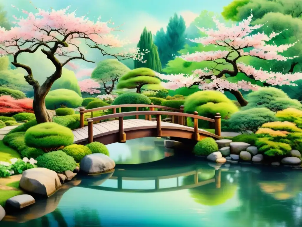 Acuarela delicada de un apacible jardín japonés con cerezo en flor, estanque de koi y puente de madera