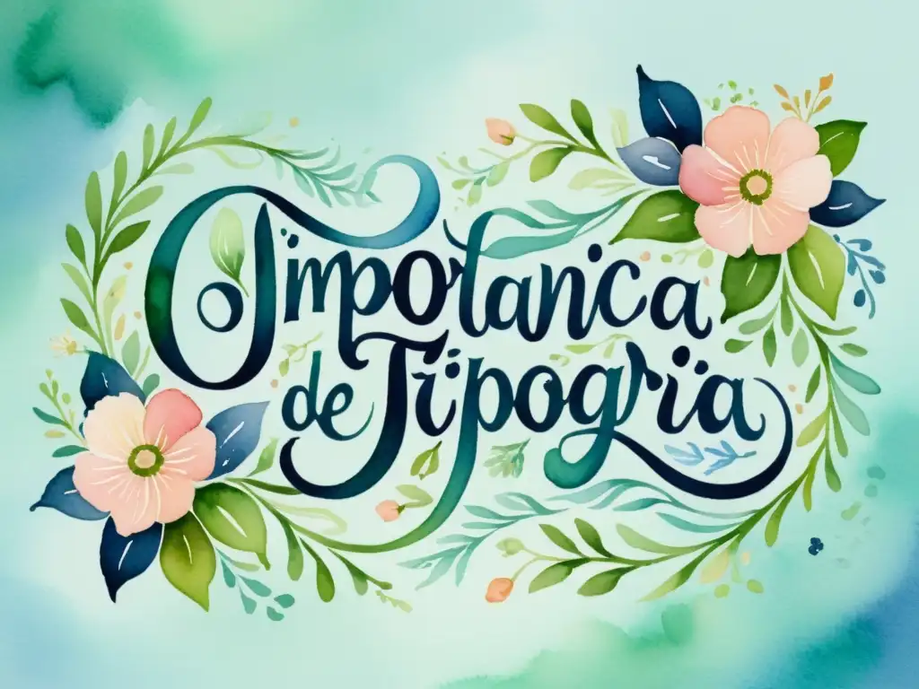 Una acuarela de una delicada pieza de caligrafía que lee 'Importancia de la tipografía en poesía', rodeada de motivos florales en tonos pastel