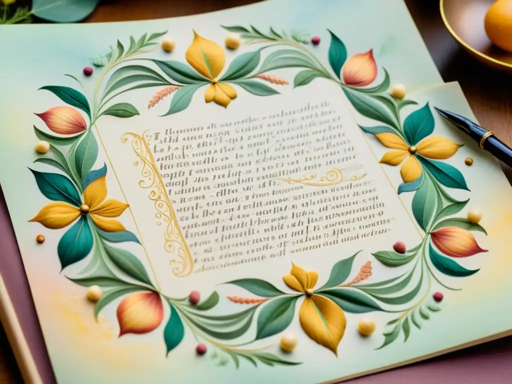 Acuarela delicada de un raro manuscrito poético en subastas, con caligrafía intrincada y colores vibrantes, evocando belleza y valor cultural