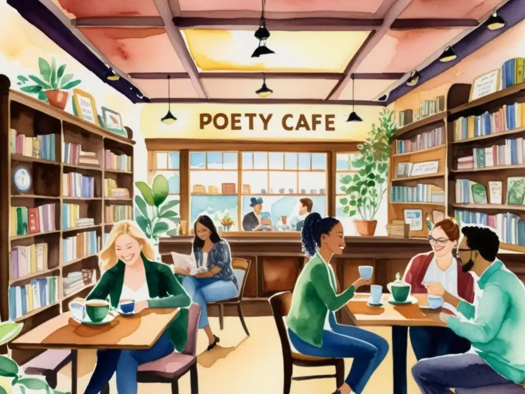 Una acuarela detallada de un animado café de poesía, donde la diversidad y el humor en la poesía se mezclan en un ambiente acogedor y alegre