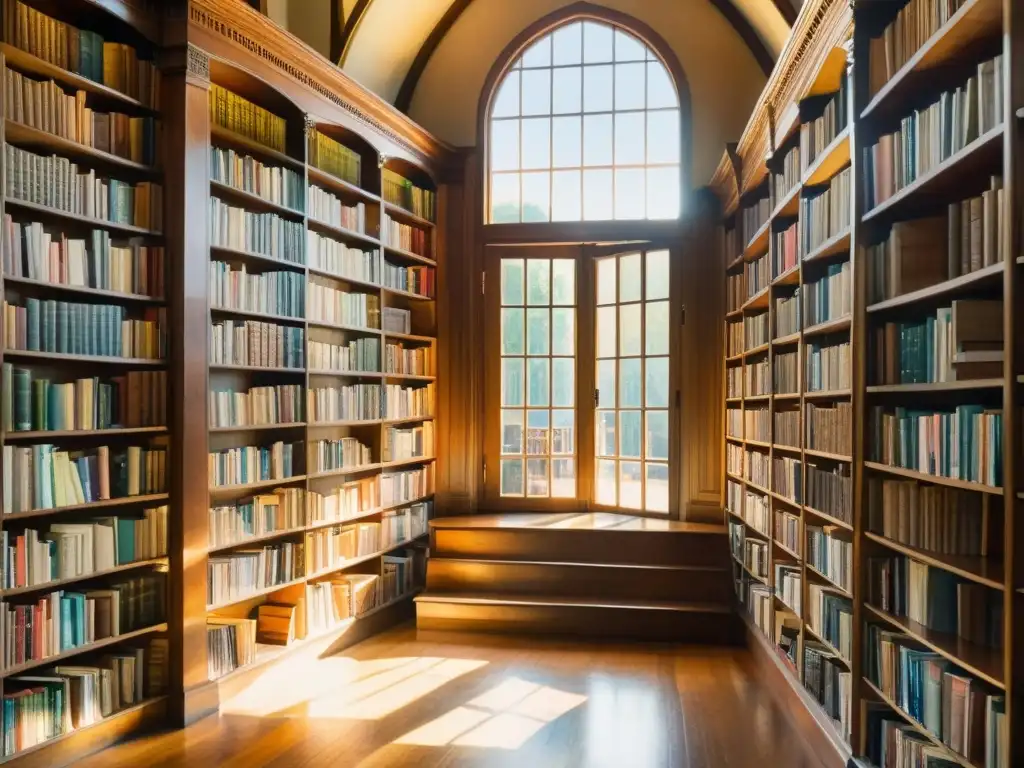 Acogedora biblioteca antigua: pintura acuarela detallada Una acuarela detallada de una antigua biblioteca llena de estantes de libros, con luz cálida que entra por las altas ventanas, creando largas sombras en el suelo de madera