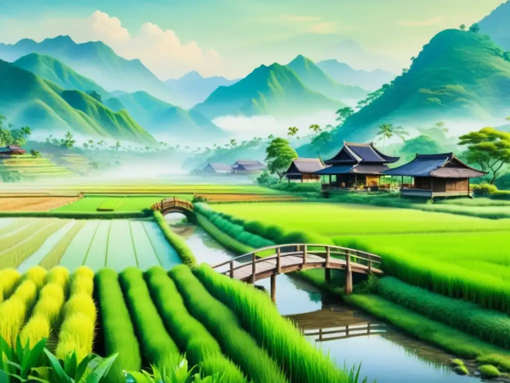 Pintura acuarela: Sereno paisaje asiático con arrozales y puente de madera Acuarela detallada de un apacible paisaje asiático con arrozales, un río y una aldea, resaltando la preservación de las lenguas asiáticas minoritarias
