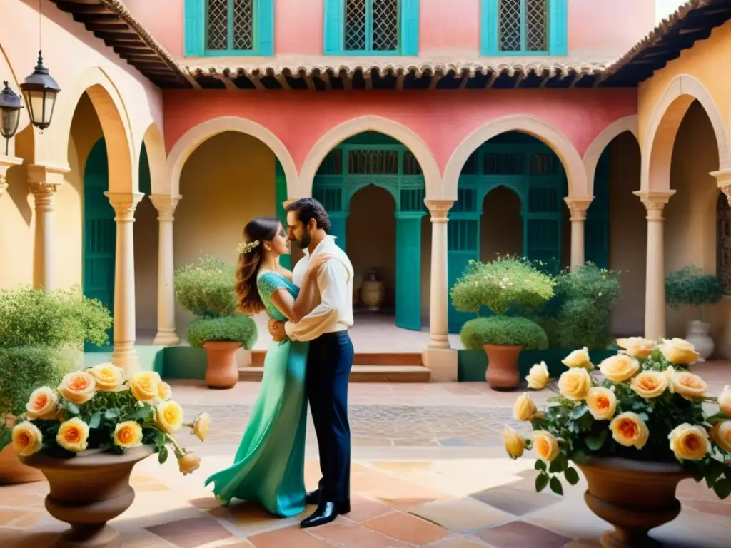 Acuarela detallada de un apasionado abrazo entre un noble español y su amante, en un patio soleado con rosas y arquitectura morisca