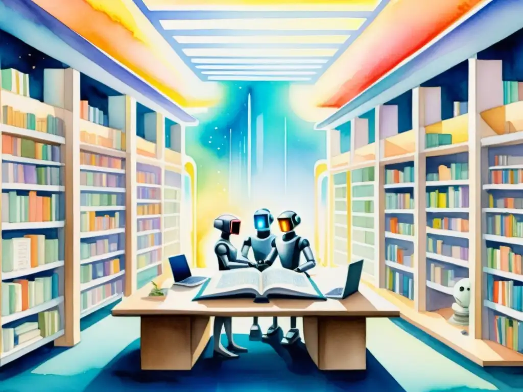 Una acuarela detallada de una biblioteca futurista con robots literarios de IA y poetas humanos colaborando en poesía creativa