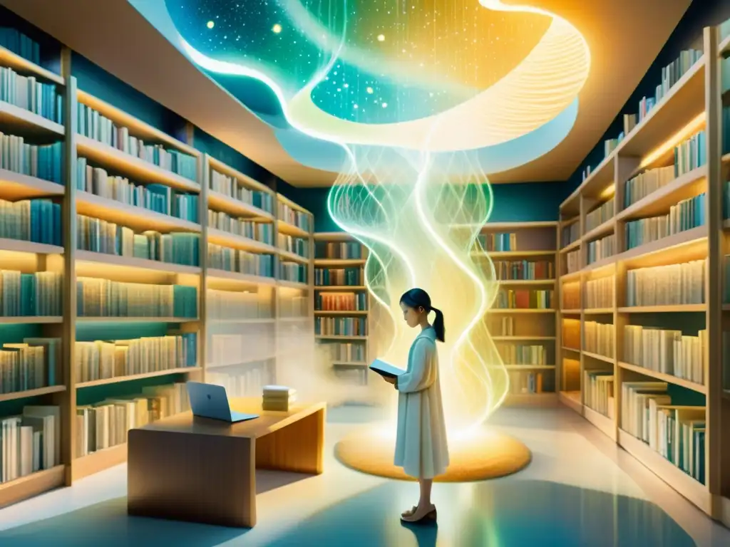 Acuarela detallada de una biblioteca futurista etérea con libros flotantes y una inteligencia artificial componiendo poesía en una suave luz brillante