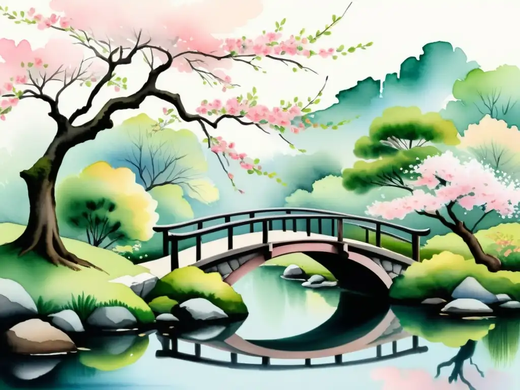 Acuarela de cerezo en flor en jardín japonés Acuarela detallada de un cerezo tradicional asiático en plena floración, con delicados pétalos rosados cayendo de las ramas