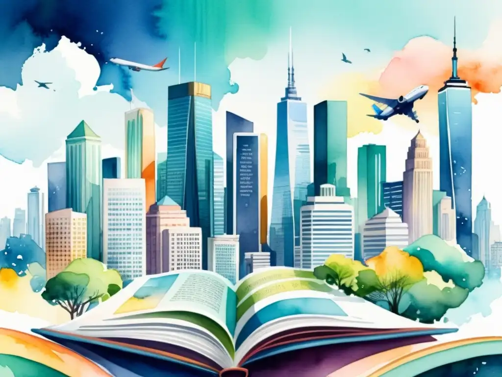Cityscape poético: fusión tradicional y digital Acuarela detallada de una ciudad moderna con rascacielos adornados con poesía en varios idiomas, rodeada de libros y dispositivos digitales, fusionando la poesía tradicional y digital en el paisaje urbano